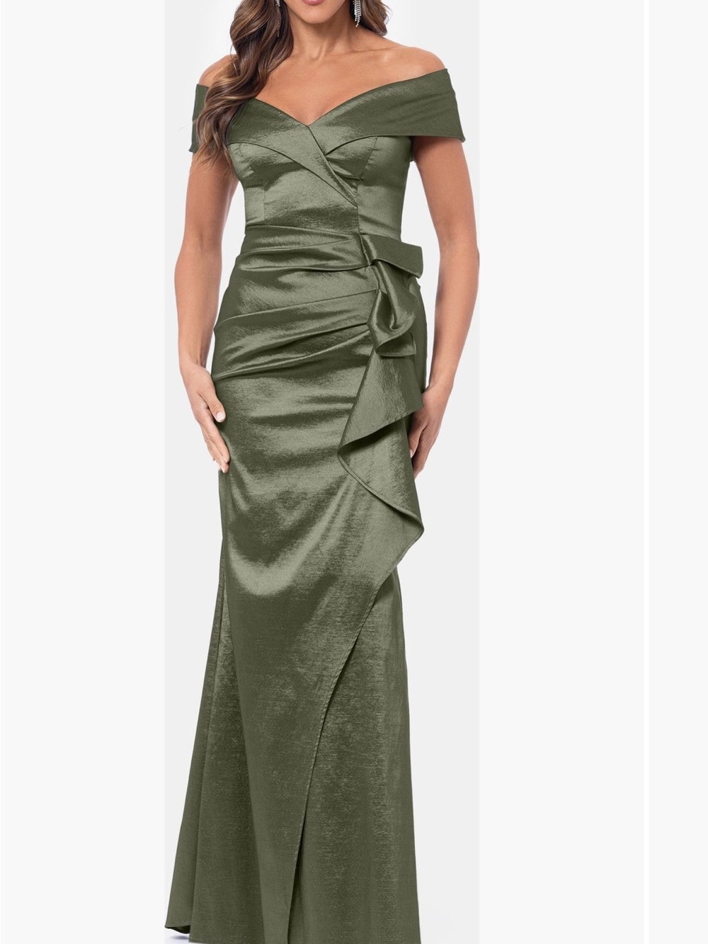 Xscape Olive Green One-Shoulder Satin Evening Gown